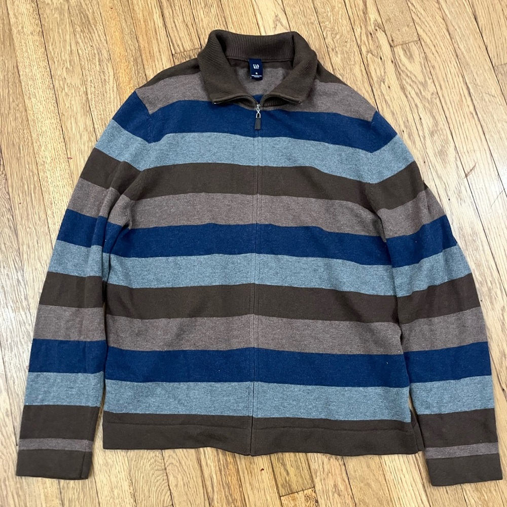 GAP Men's Zip-Up Sweater - Blue, Gray, and Brown Stripes